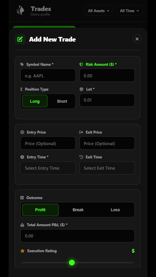MeowPips trade journaling in the mobile web interface with illustrative sample data